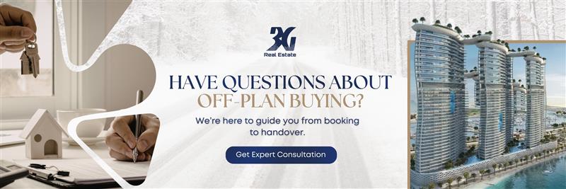 An promotional CTA image that says: have questions about off-plan buying? We're here to guide you from booking to handover. This image is being used as a conversional CTA for Mofu, designed to direct the users to the off plan properties investment consultancy page.